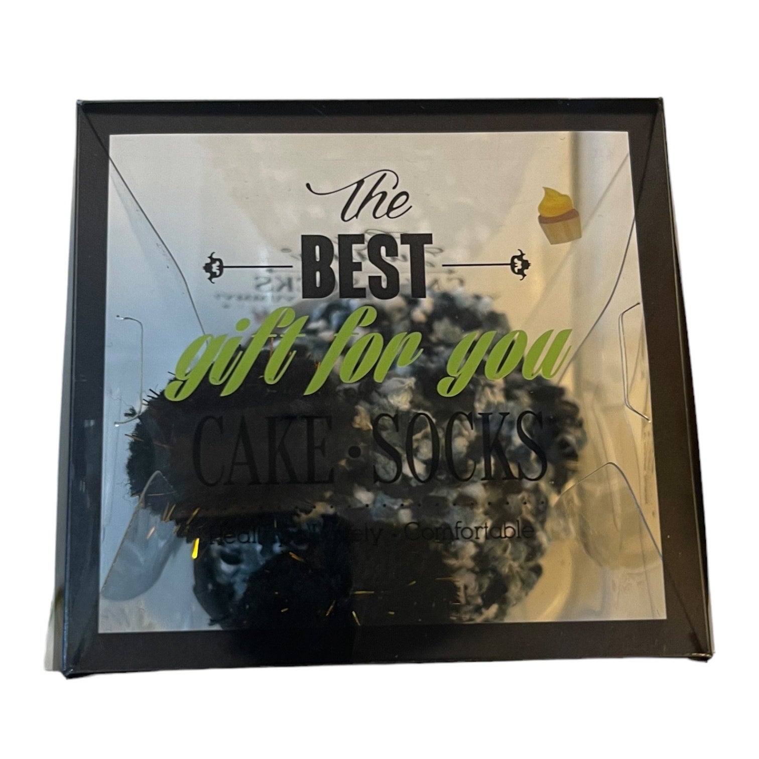 Framed picture of cake socks with text 'The Best gift for you CAKE SOCKS' on a white background