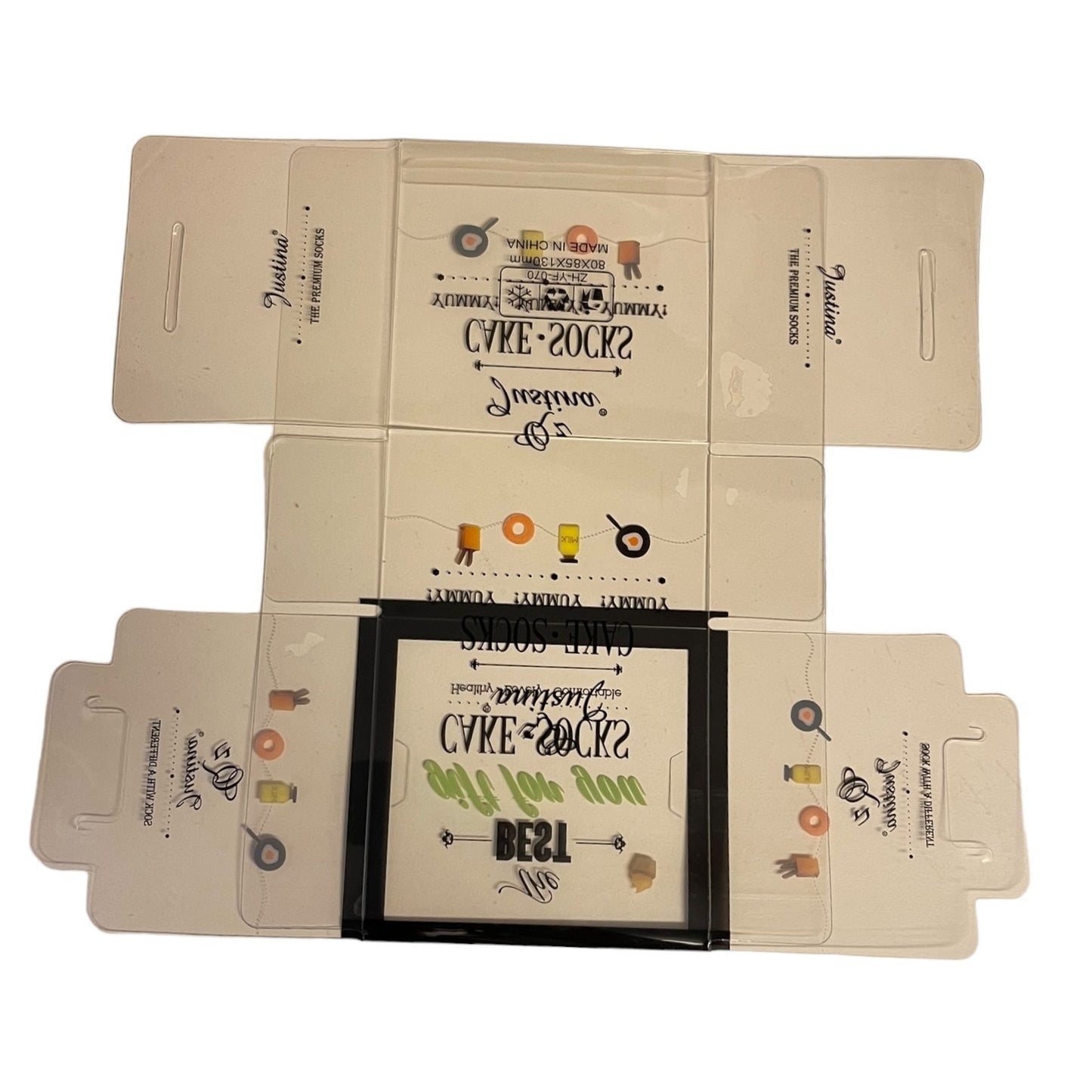 Plastic packaging with decorative text and graphics on a white background