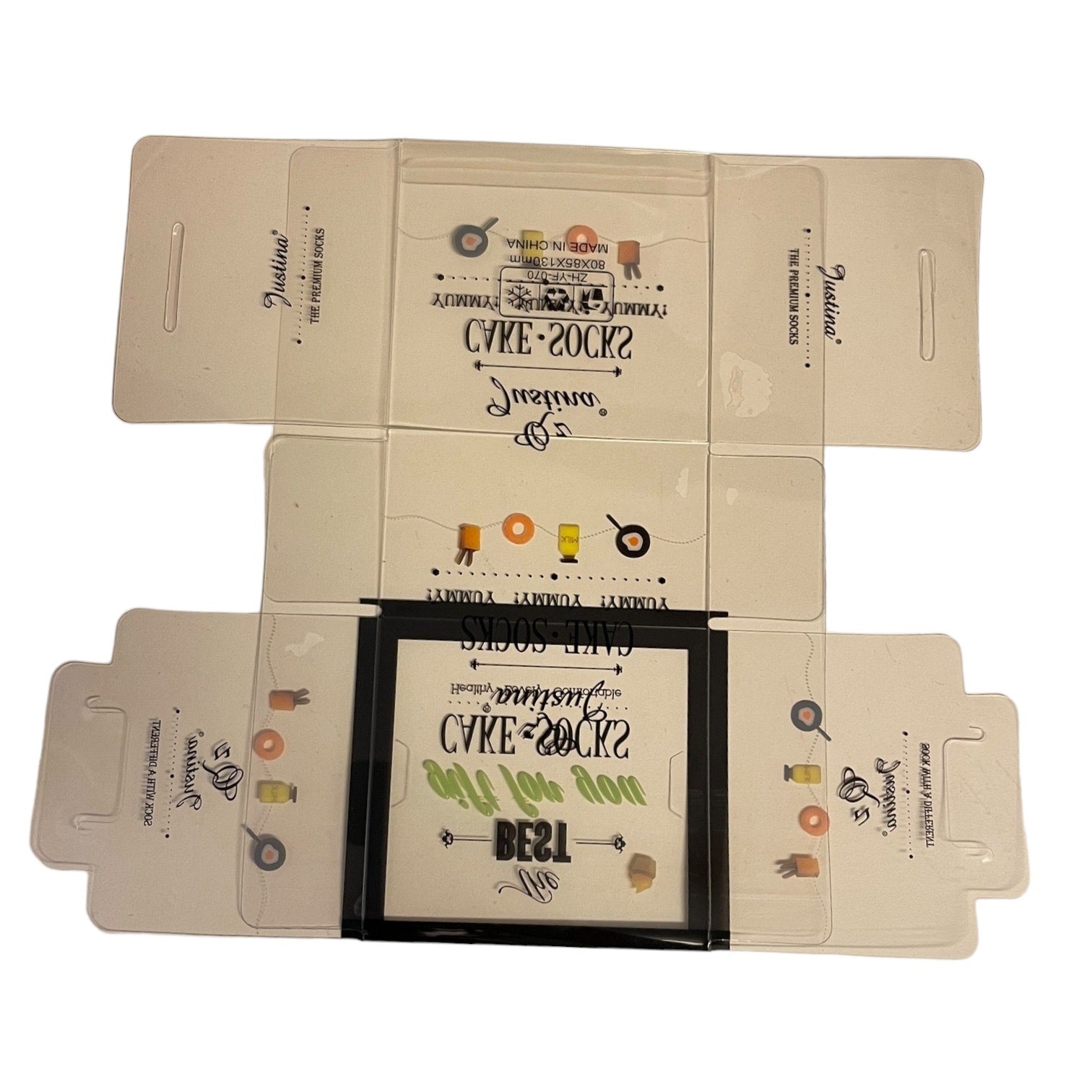 Plastic packaging with decorative text and graphics on a white background