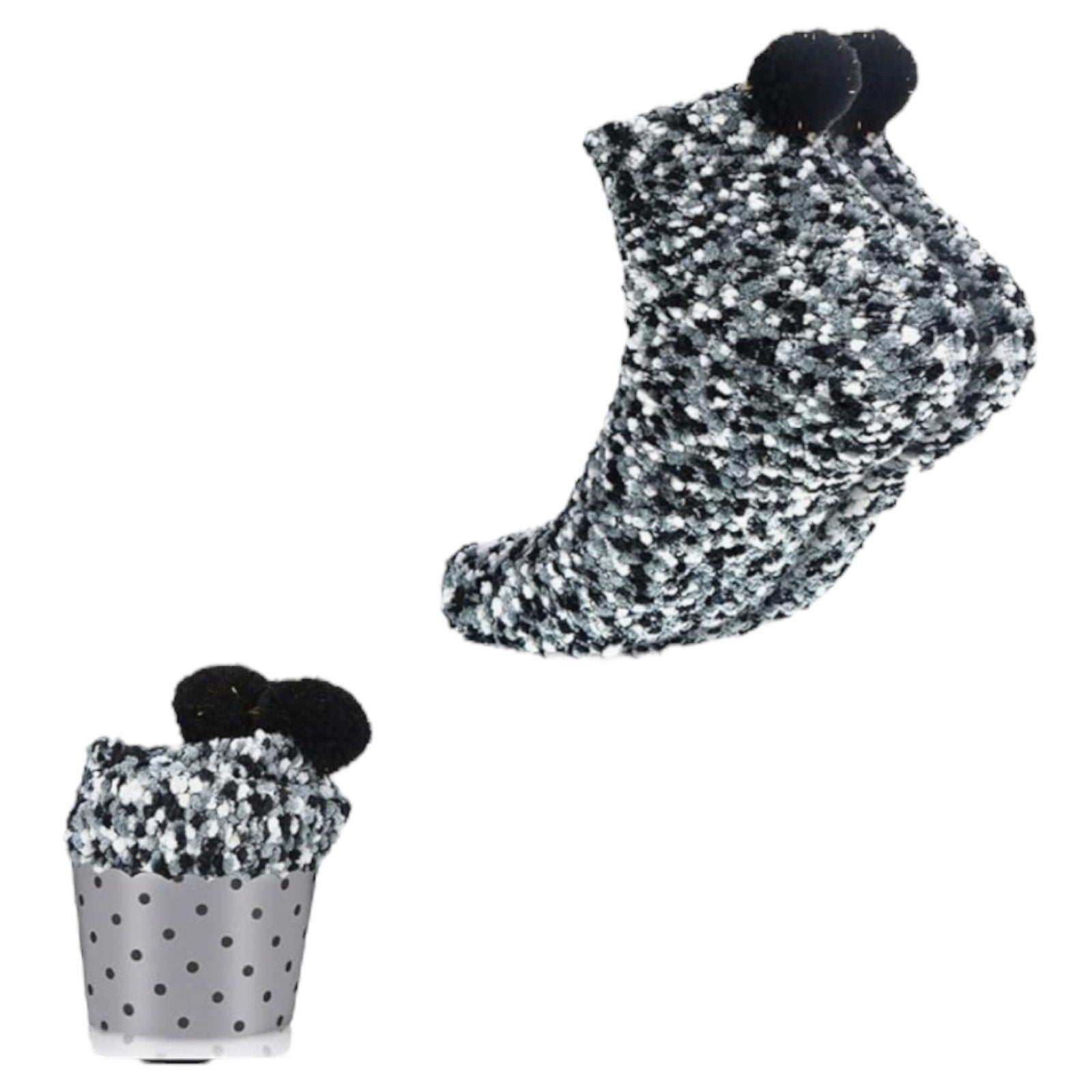 Pair of black and white patterned socks on a white background