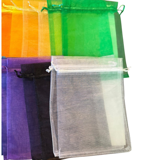 A set of sheer organza drawstring pouches in multiple colors, including orange, yellow, green, purple, black, and clear/white, arranged against a plain white background.