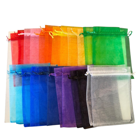 A set of small drawstring pouches in multiple colors, including red, orange, yellow, green, blue, purple, black, and clear, arranged in two rows on a white background.
