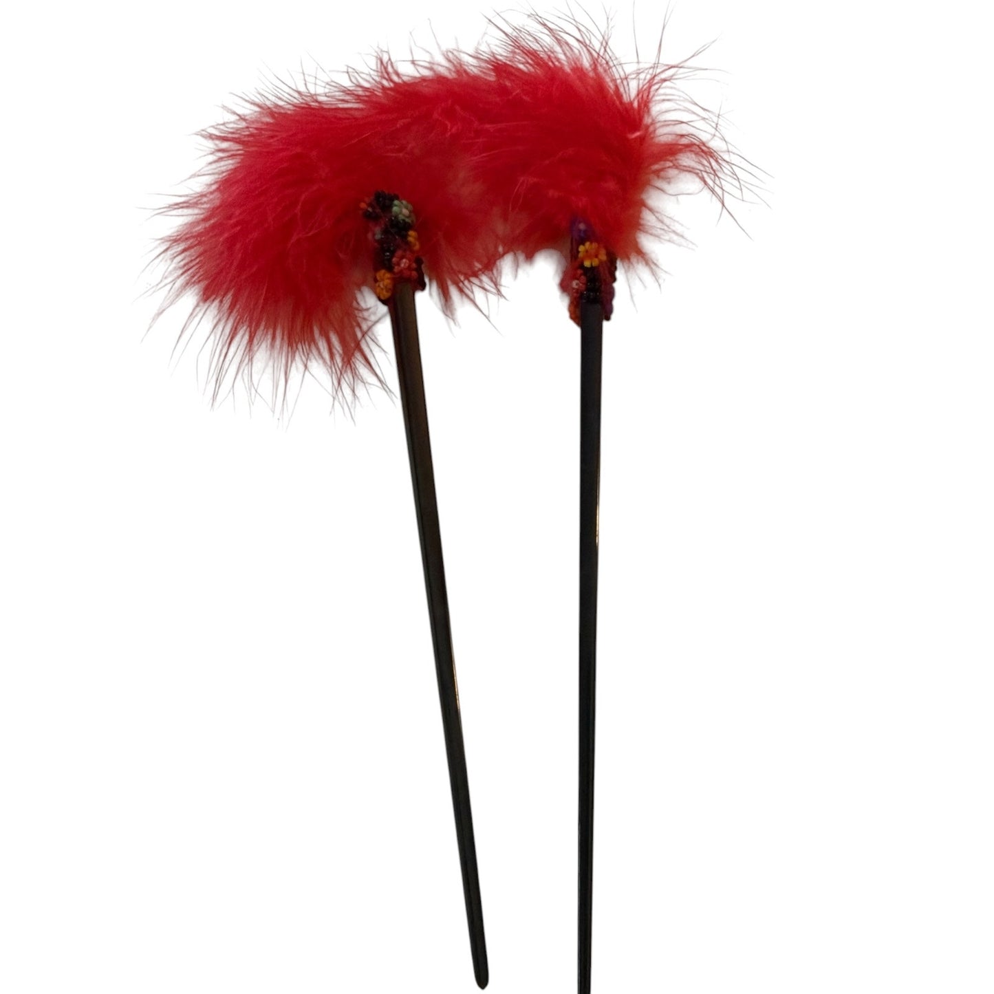 Red/Pink Feather Beaded Black Chopstick Hair Sticks Set