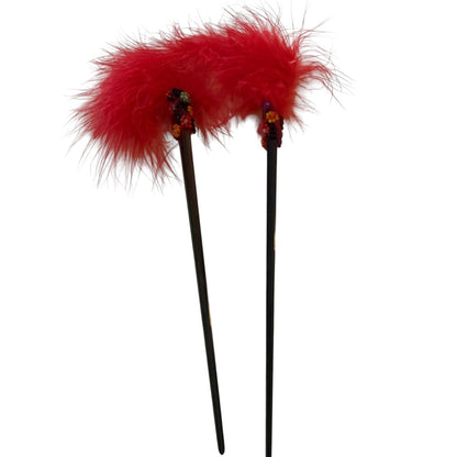 Red/Pink Feather Beaded Black Chopstick Hair Sticks Set