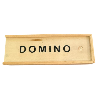 Wooden box with 'DOMINO' text on a white background