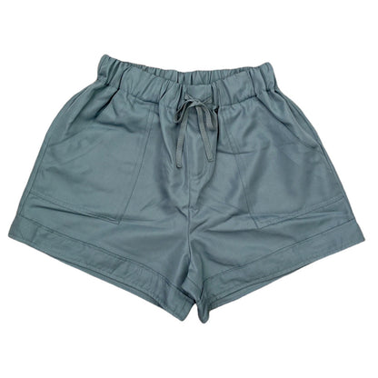 Front of blue gray shorts with drawstring on a white background