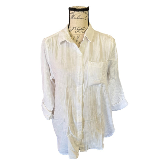 Anne Klein White Rolled Sleeve Cotton Textured Shirt Size Small