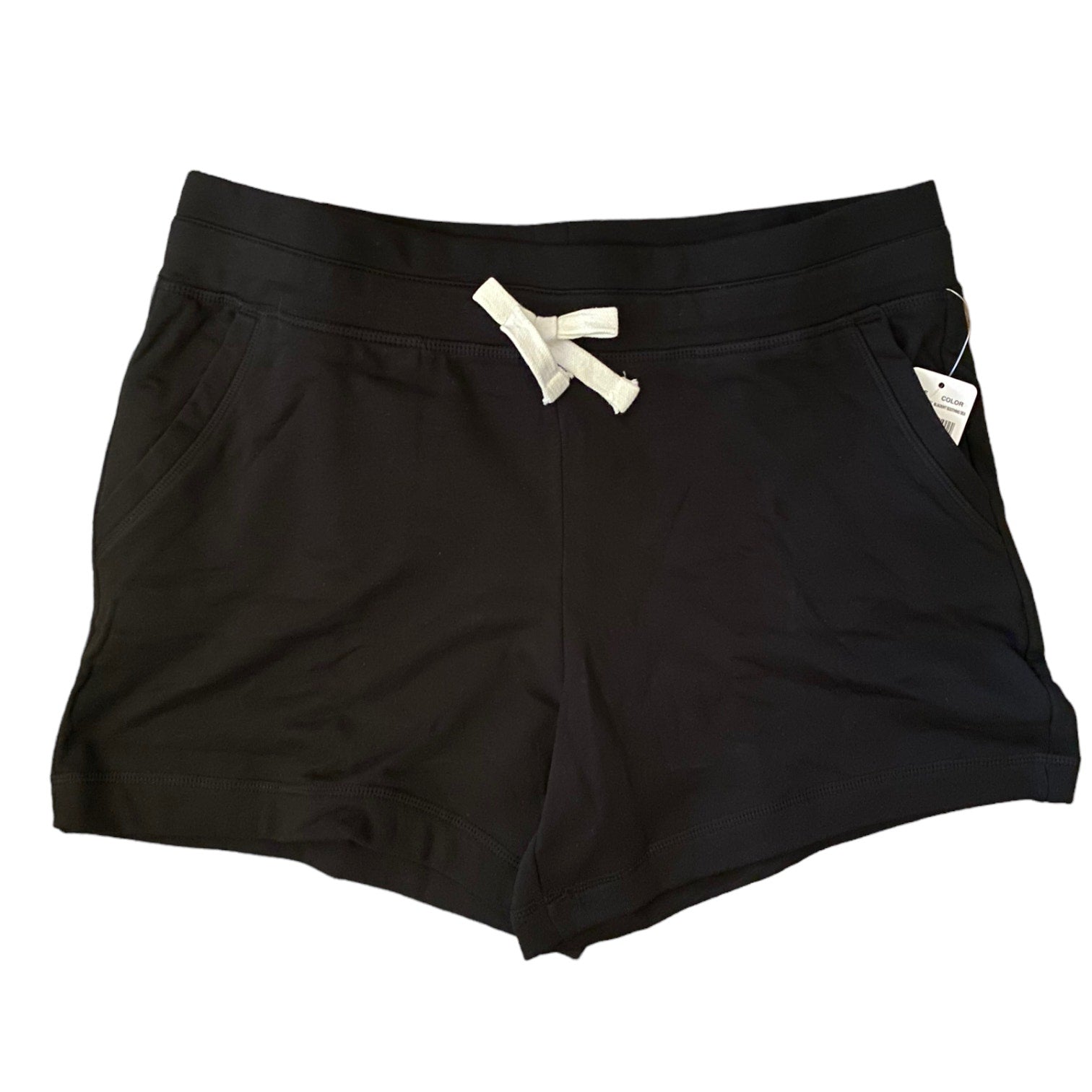 Black shorts with a white drawstring on a white background
