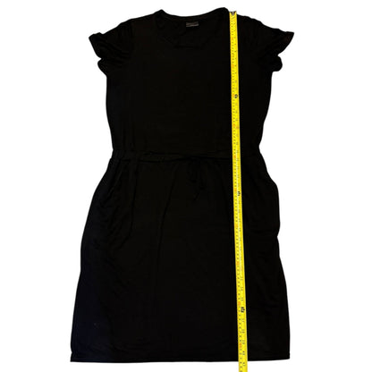 Black dress with a measuring tape displayed on a white background