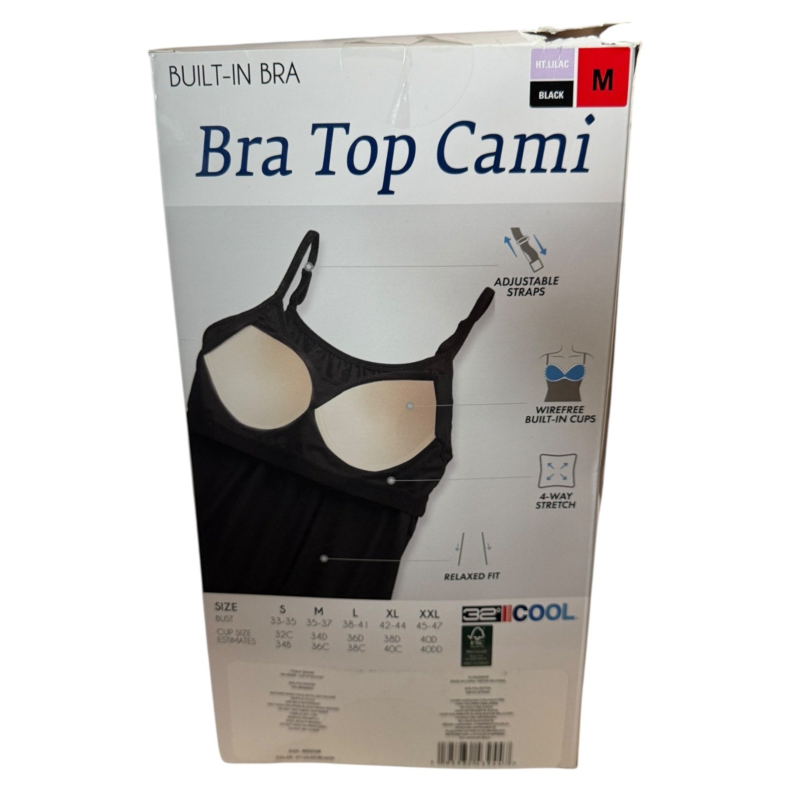 Box of a bra top cami with built-in bra feature on a white background