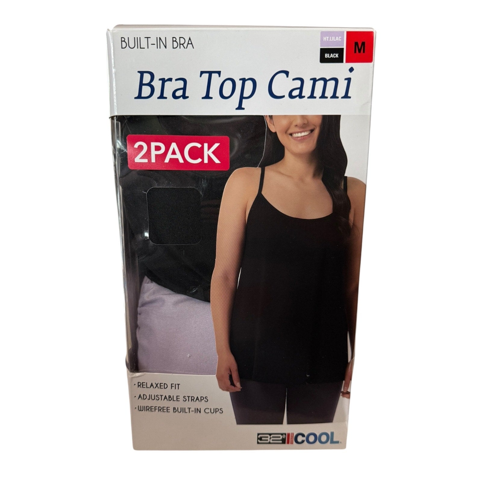 Packaged bra top cami with built-in bra feature on a white background