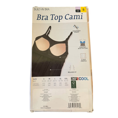 Package of a bra top cami with size chart on a white background