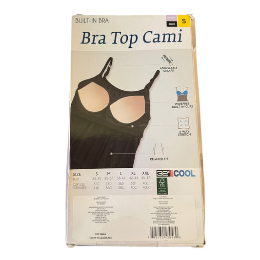 Package of a bra top cami with size chart on a white background