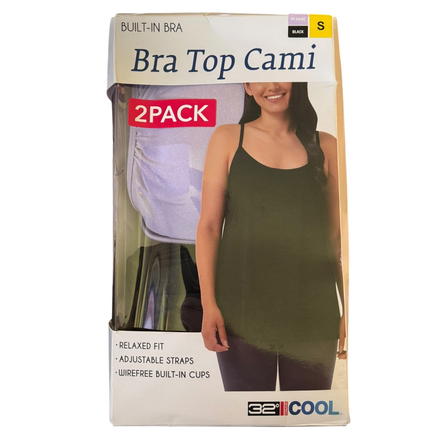 Packaging of 32COOL built-in bra cami with a model wearing the product.