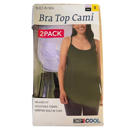 Packaging of 32COOL built-in bra cami with a model wearing the product.