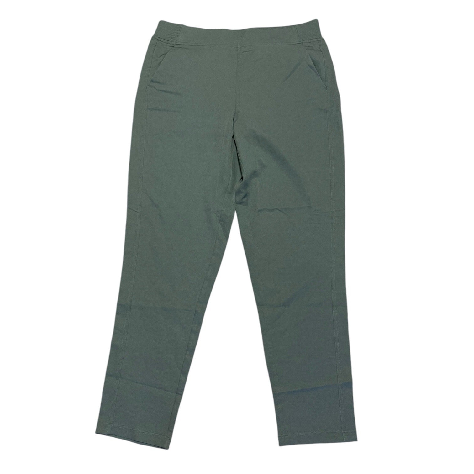 Front of green pants on a white background