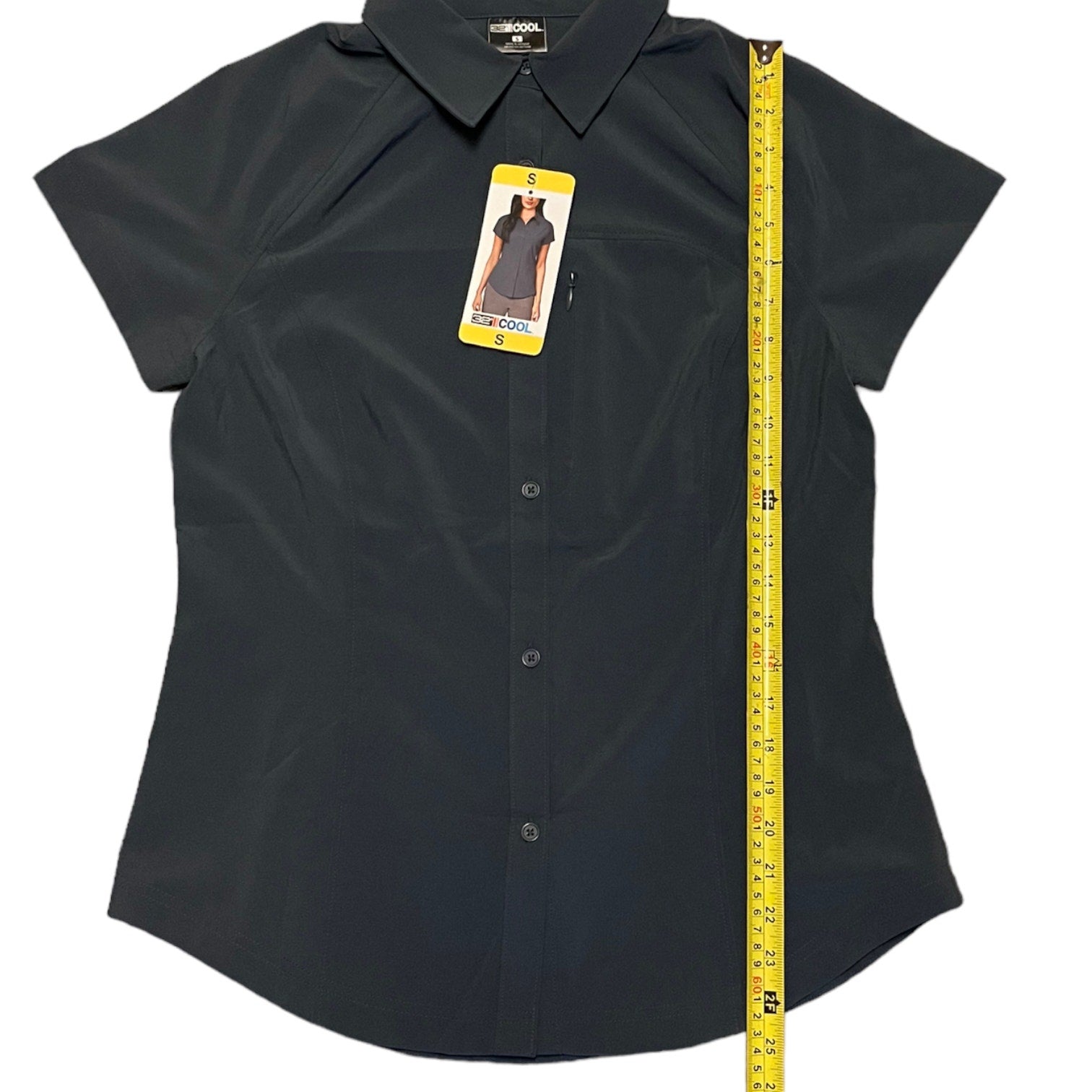 Gray shirt with a tag and measuring tape on a white background