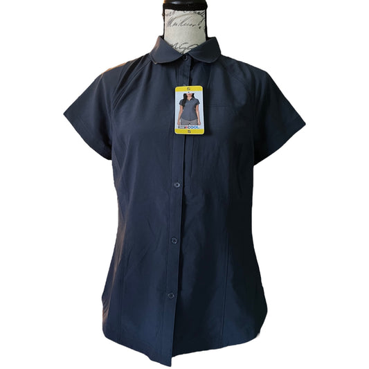 Gray shirt on a mannequin with a tag against a white background