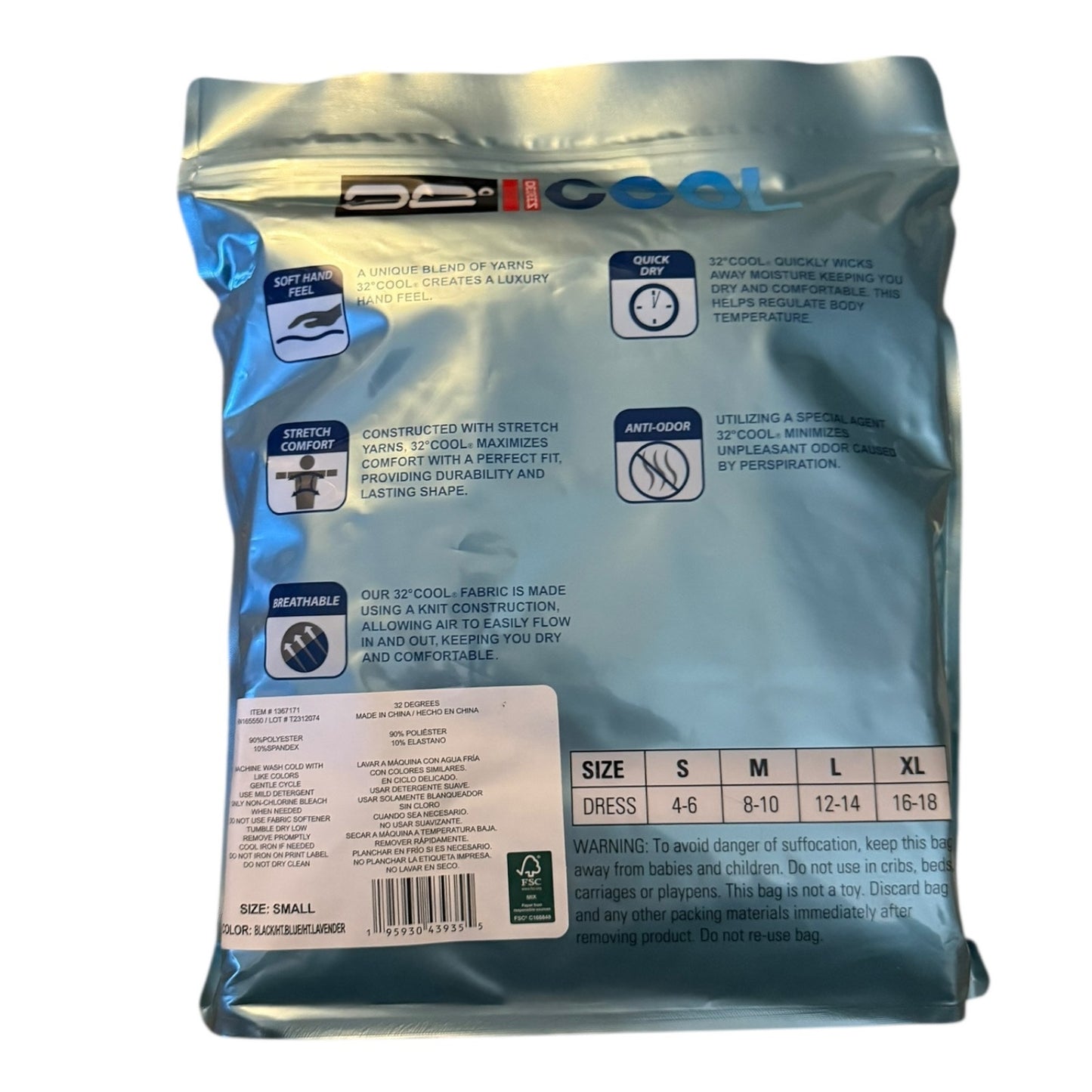 Back of package with text and logos with shirt details on a white background