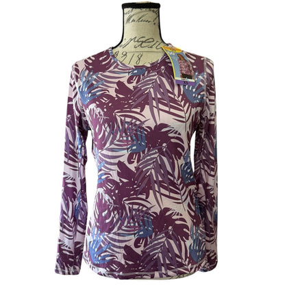 Long-sleeve shirt with purple and blue leaf pattern on a mannequin against a white background