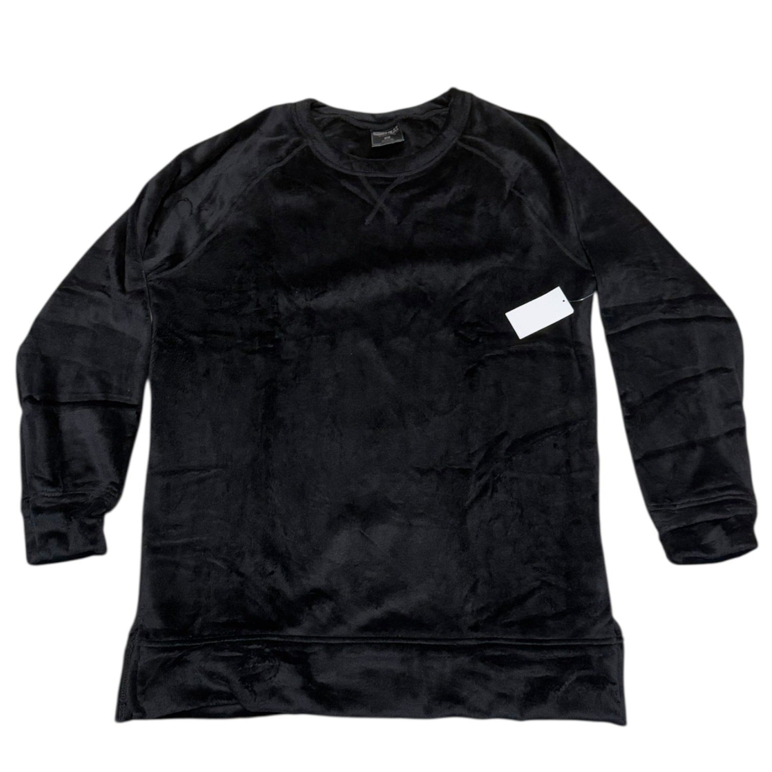 Gray long-sleeve shirt with a white tag on a white background