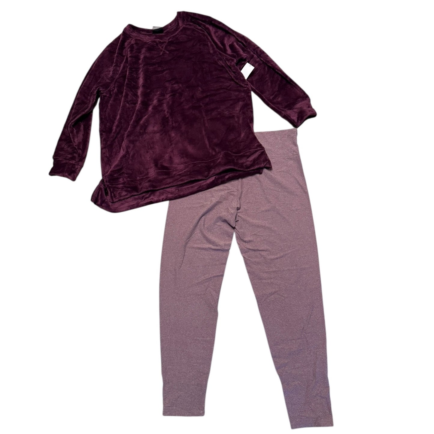 Purple velvet top and leggings set on a white background