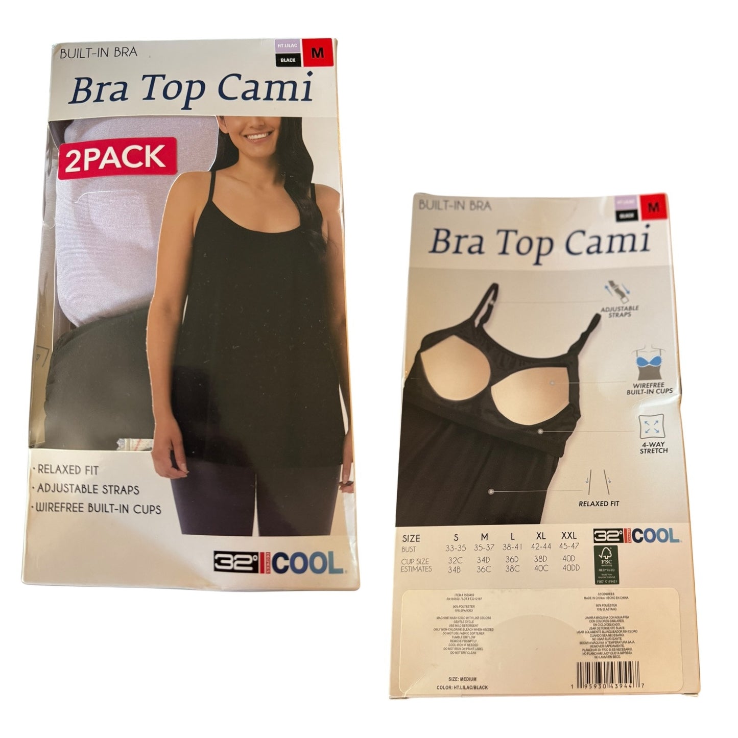 Front and back of package of Bra Top Camis with visible branding on a white background