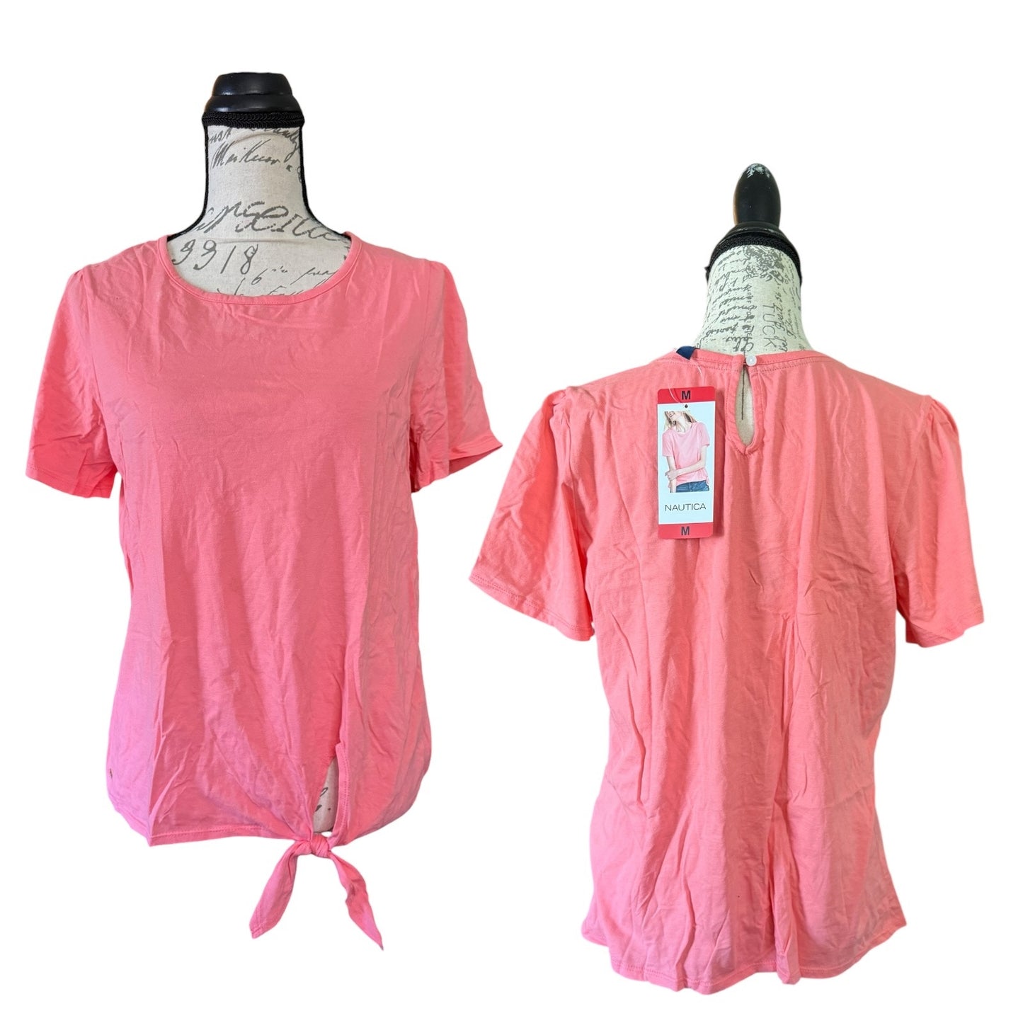 Coral top on a mannequin with a visible tag, shown from front and back on a white background.