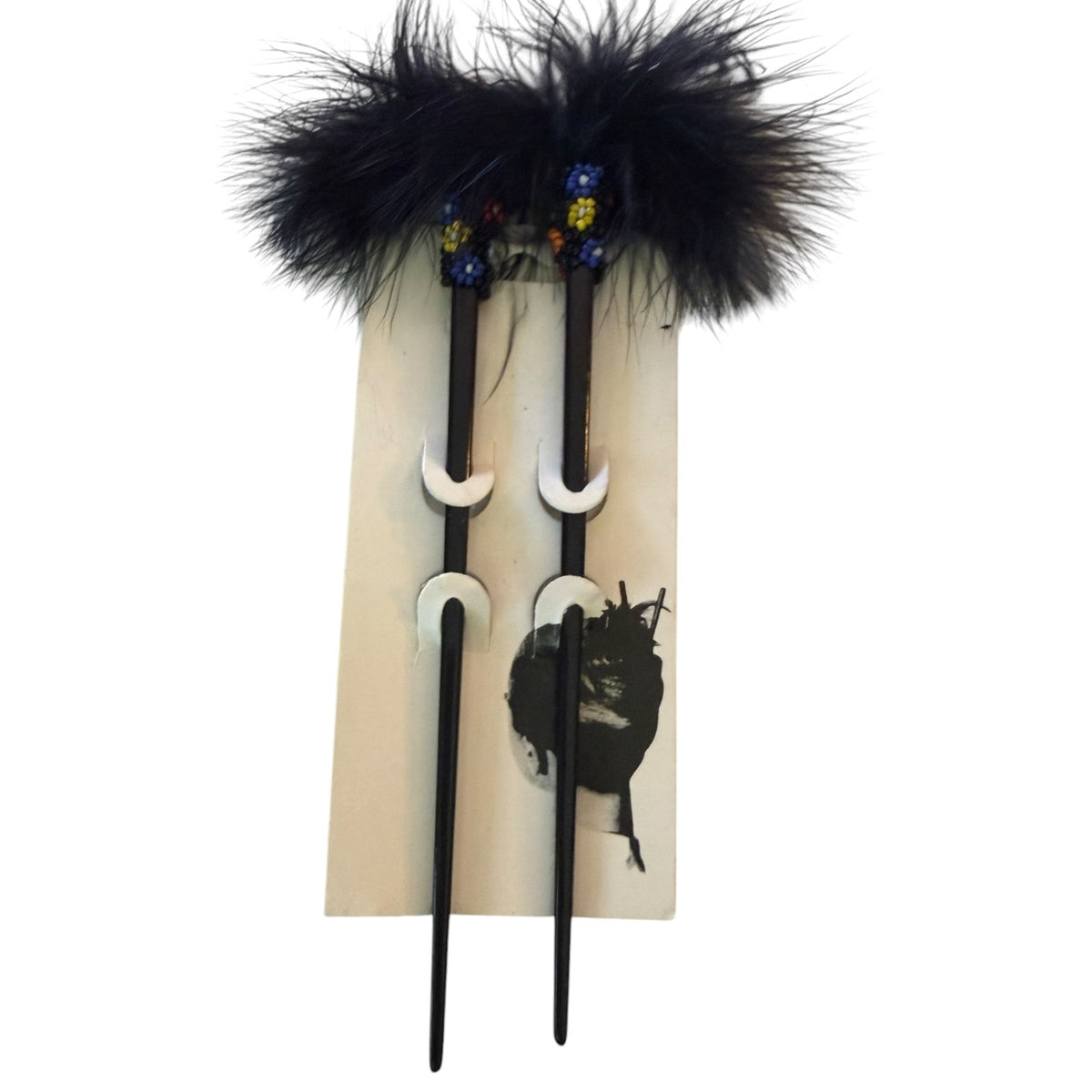 Black Feather Beaded Black Chopstick Hair Sticks Set