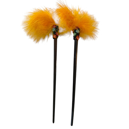 Light Orange Feather Beaded Black Chopstick Hair Sticks Set