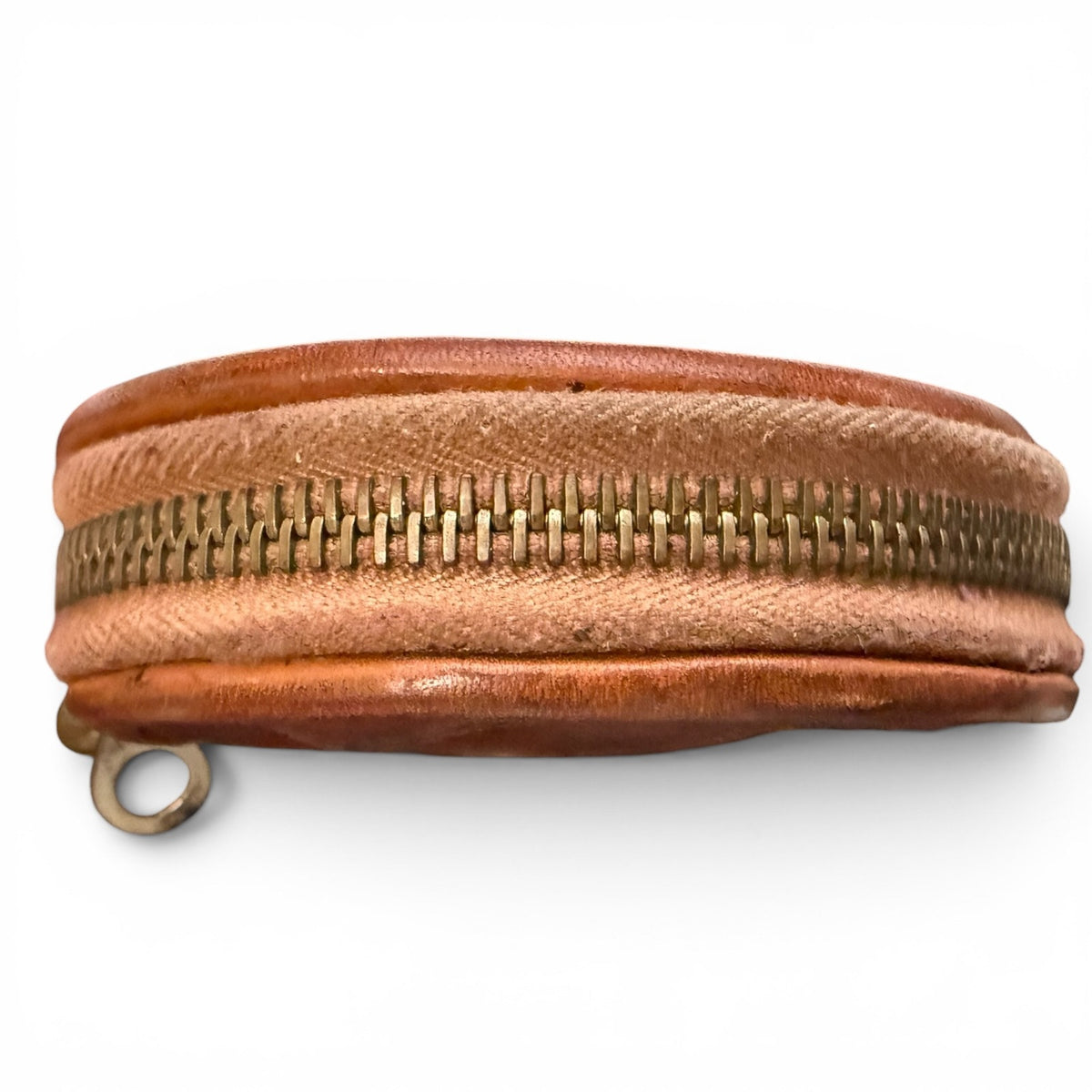 Brown leather wallet with gold zipper on a white background