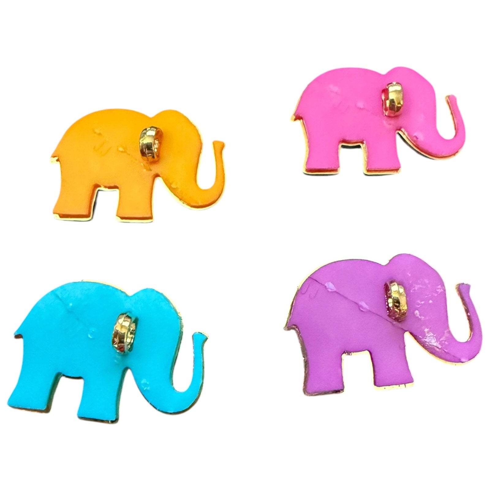 Four colorful elephant-shaped stamps in yellow, pink, blue, and purple on a white background.