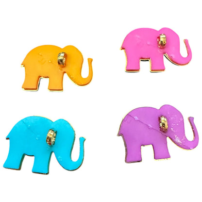 Four colorful elephant-shaped stamps in yellow, pink, blue, and purple on a white background.