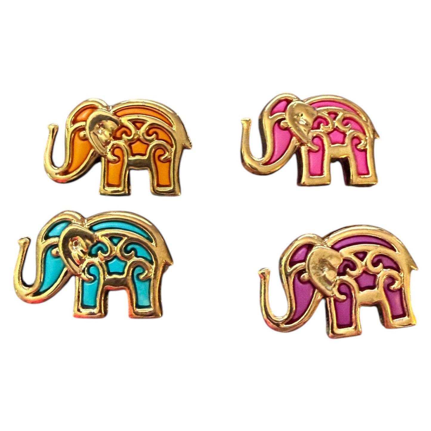 Four colorful elephant-shaped buttons on a white background