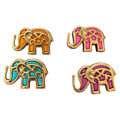 Four colorful elephant-shaped buttons on a white background