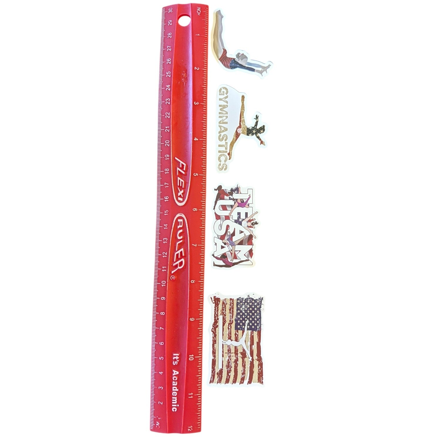 Red ruler with gymnastics-themed decorations on a white background