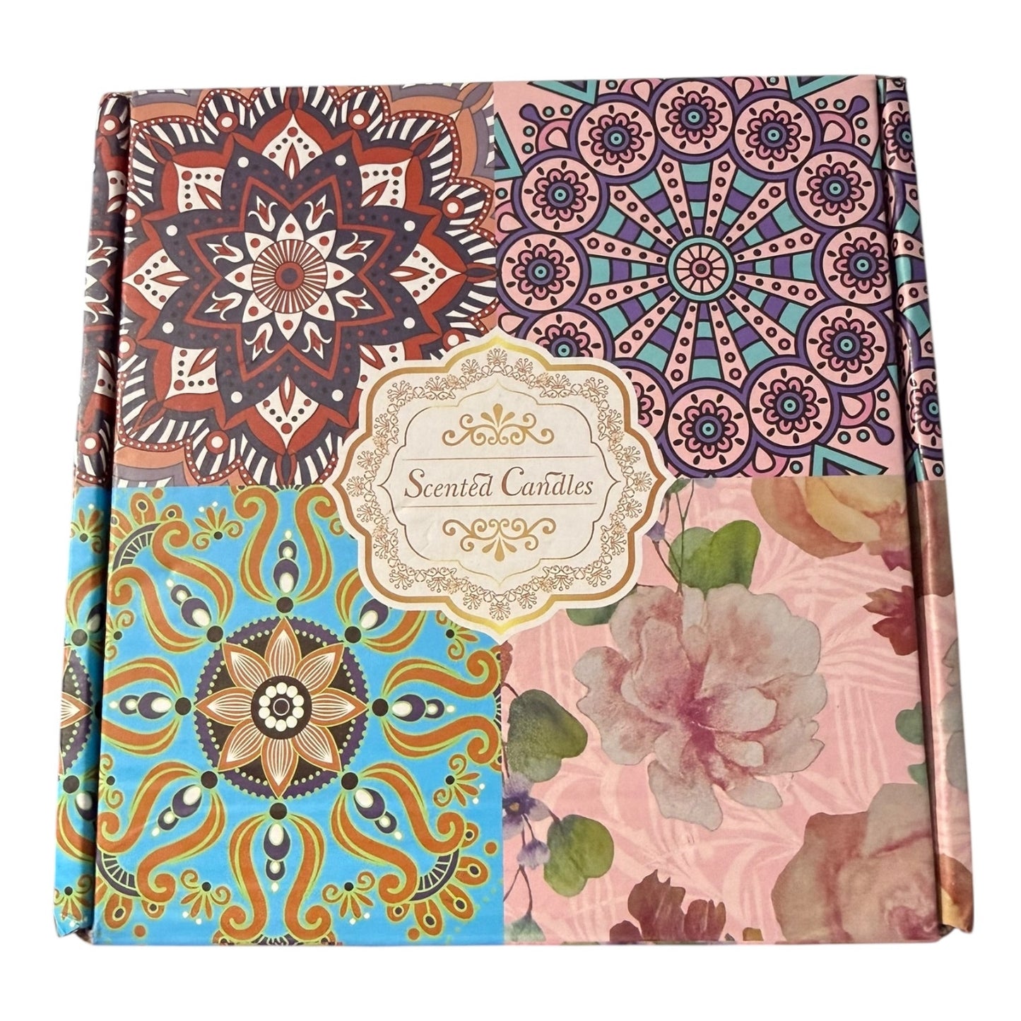 Decorative box with floral and mandala patterns, labeled 'Scented Candles'.