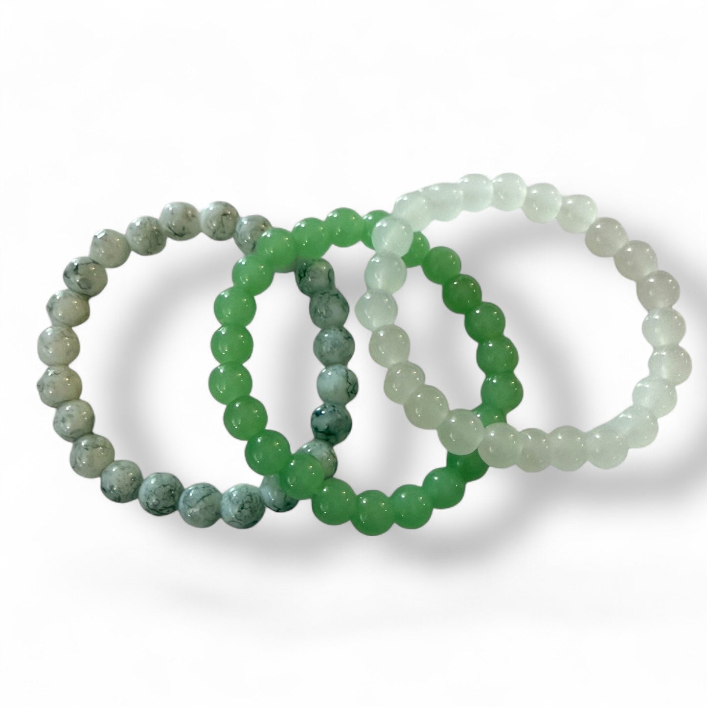 Gray Green White Bohemian Handmade Set Of 3 Stretch Bracelets