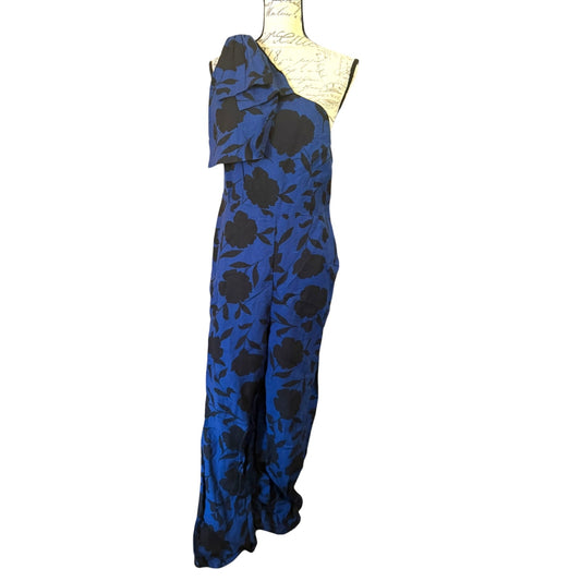 Kate Spade Off Shoulder Blue Black Linen Blend Pant Jumpsuit Size 8