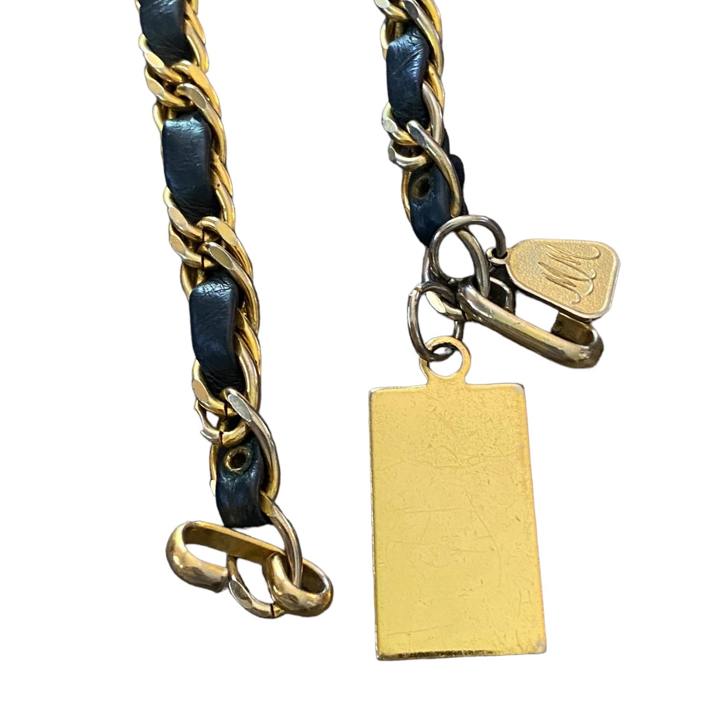 Morris Moskowitz Vintage Gold Chain Navy Blue Leather Hook Belt 39.5"