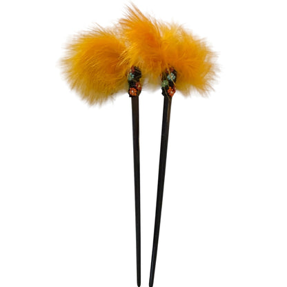 Light Orange Feather Beaded Black Chopstick Hair Sticks Set