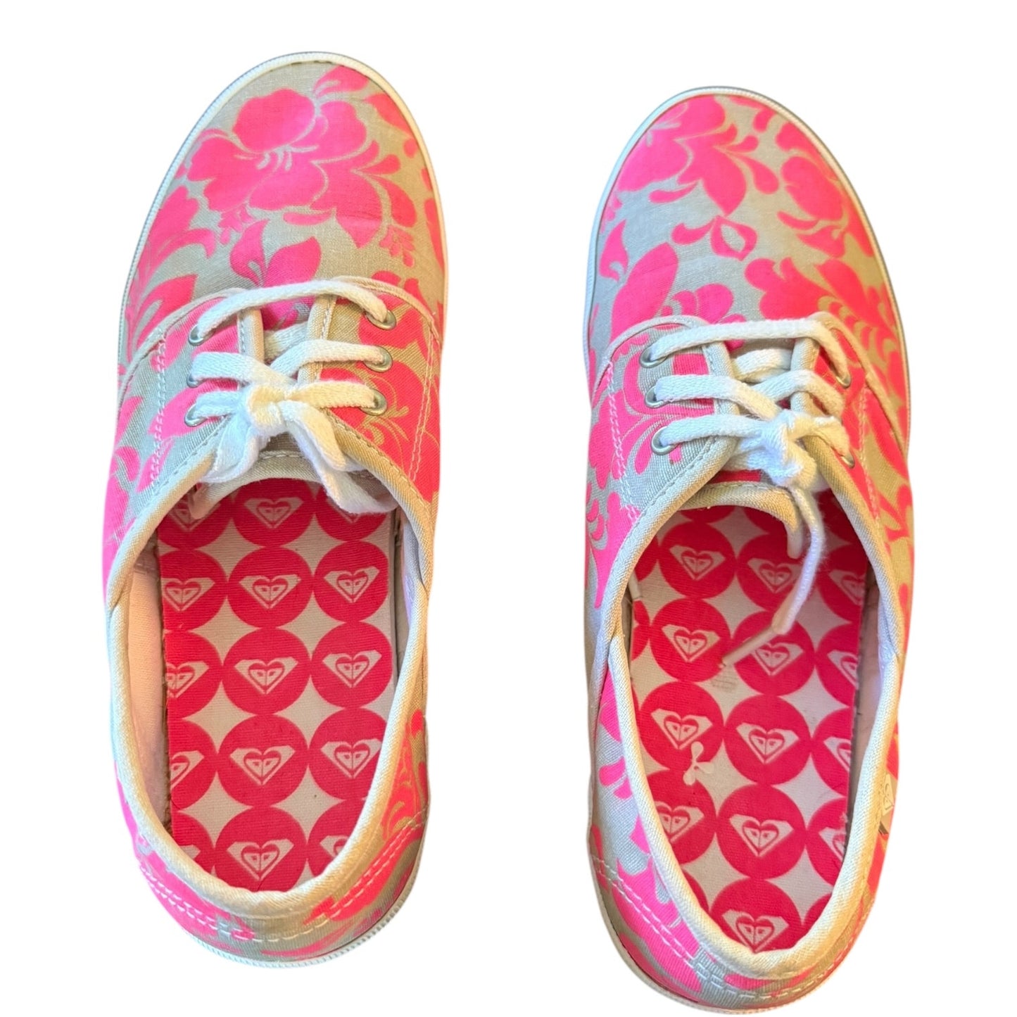 Roxy Pink Gray Floral Lace Up Sneakers Shoes Size 10