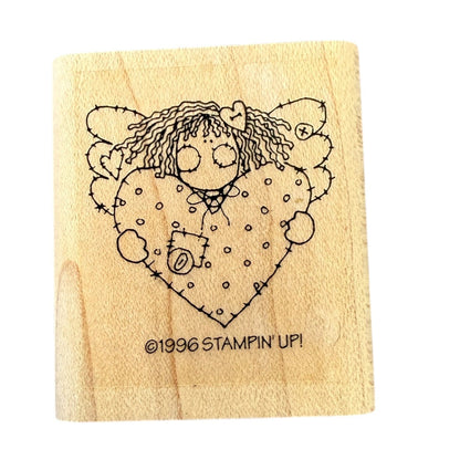 Stampin' Up! Rag Doll Patchwork Holding Heart Vintage 1996 Rubber Stamp EUC