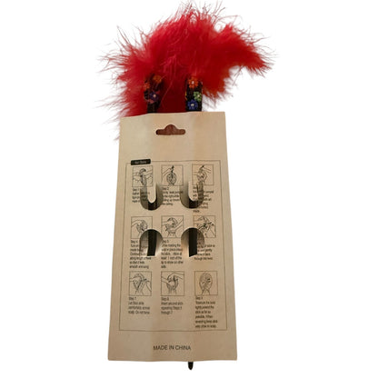 Red/Pink Feather Beaded Black Chopstick Hair Sticks Set