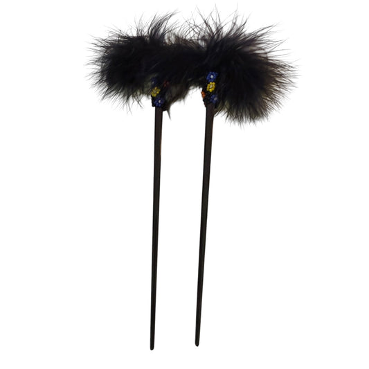 Black Feather Beaded Black Chopstick Hair Sticks Set