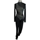 Black Rhinestone Mesh Long Sleeve Bodysuit Catsuit Size Medium