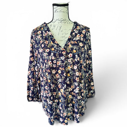 Two By Vince Camuto Navy Blue Floral Blouse Size XL