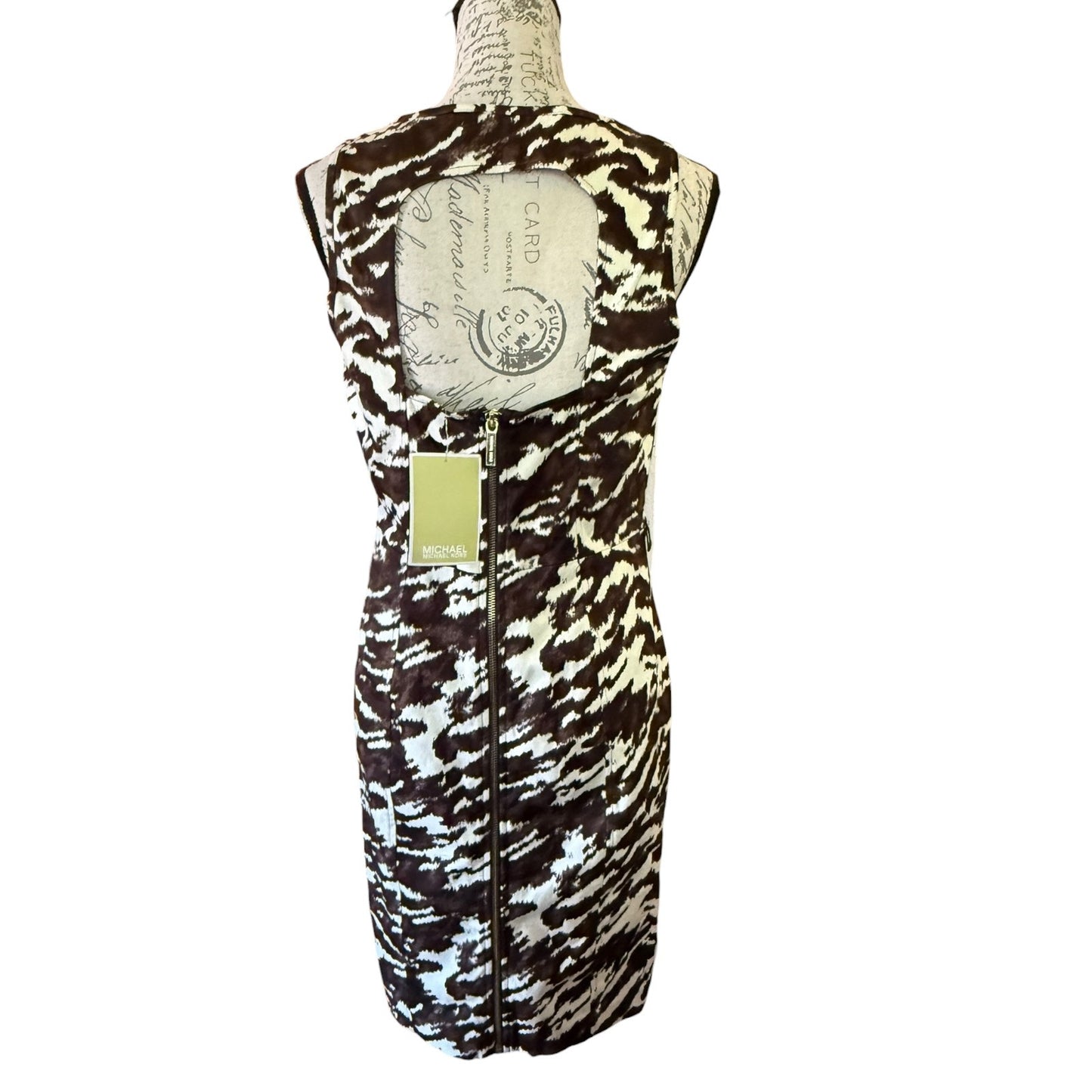 Michael Kors Brown Off White Abstract Animal Print Sleeveless Sheath Dress 8