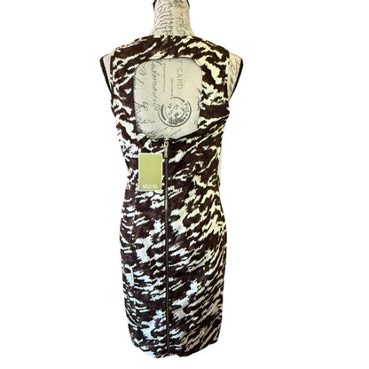 Michael Kors Brown Off White Abstract Animal Print Sleeveless Sheath Dress 8