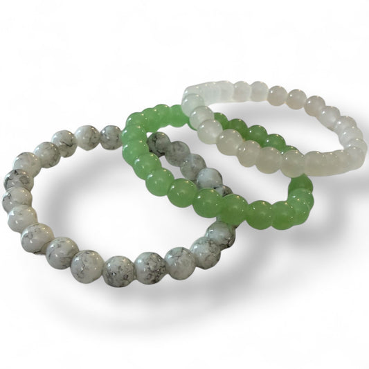 Gray Green White Bohemian Handmade Set Of 3 Stretch Bracelets